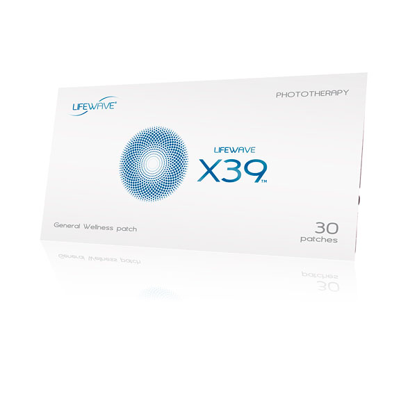 LifeWave X39 general wellness phototherapy patch packaging, promoting energy flow, strength, and stamina through light stimulation technology.